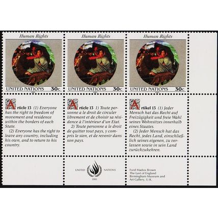 United Nations. 1991 30c (Strip of 3) S.G.609 Unmounted Mint