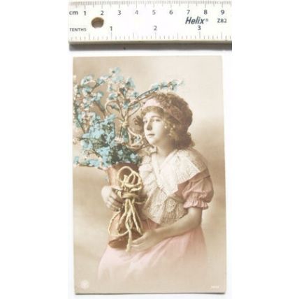 1915 Greetings postcard - Girl with Blue Flowers