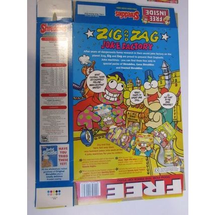 Nestle Shreddies Empty Cereal Box 1995 Zig and Zag Joke Factory Joke Machine Set