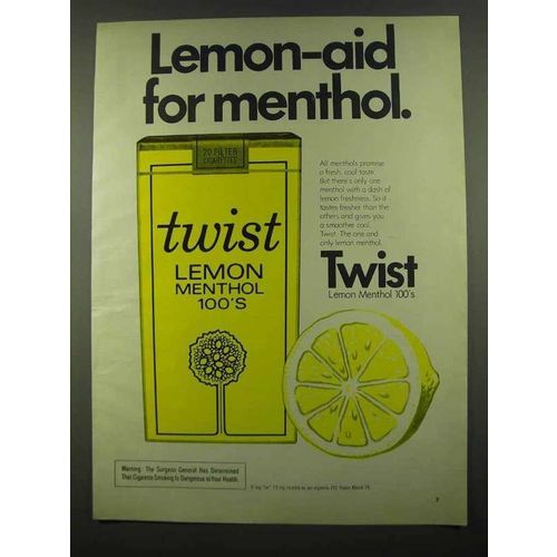 1974 Twist Lemon Menthol 100's Cigarettes Ad - Lemon-Aid