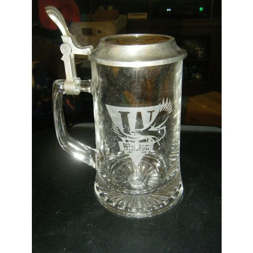 Vintage Winston Cigarettes Promo Clear Etched Glass Pewter Metal Lidded Stein