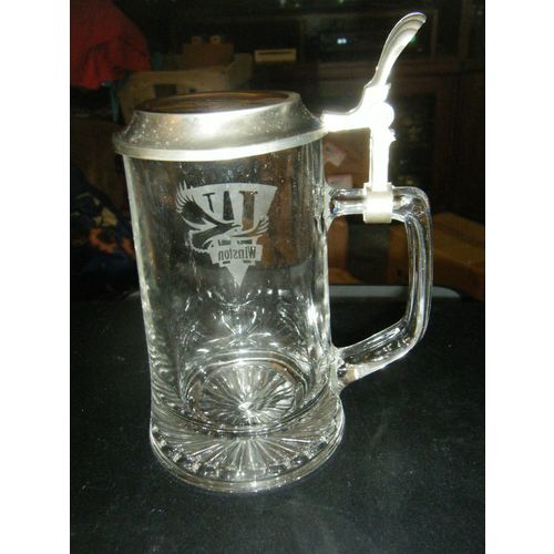 Vintage Winston Cigarettes Promo Clear Etched Glass Pewter Metal Lidded Stein