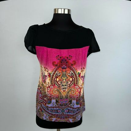 Bila Womans Boho Bohemian Cap Sleeve Paisley Print Shirt