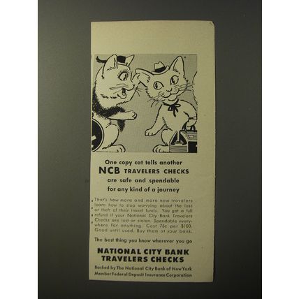 1953 National City Bank Travelers Checks Ad - One copy cat tells another