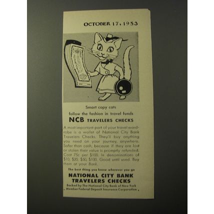 1953 National City Bank Travelers Checks Ad - Smart copy cats follow