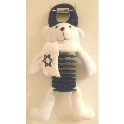 "CHANUKAH PLUSH BEAR DOOR HANGER SPRINGY SLINKY BODY & WHITE SCARF JEWISH STAR"