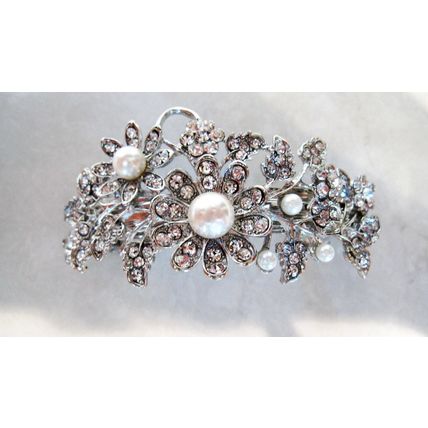 Silver flower shaped pearl and crystal hair barrette clip bridal clip bridal