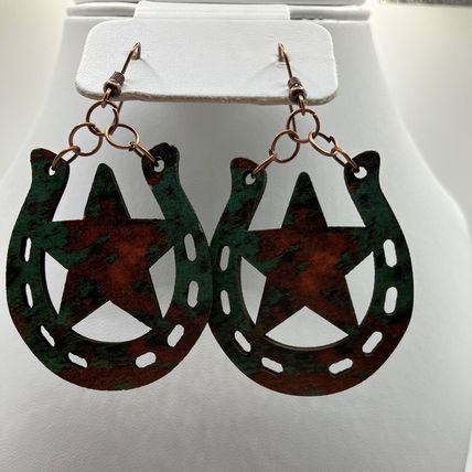 EARRINGS Rustic Horseshoe Lucky Star Wooden #705