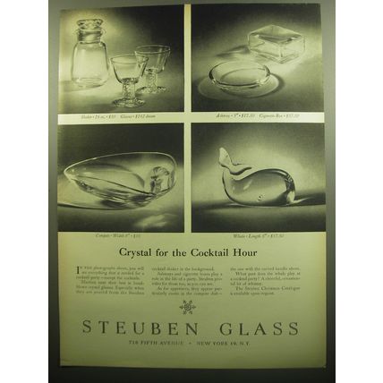 1958 Steuben Glass Advertisement - Shaker, glasses, ashtray, Compote, and whale