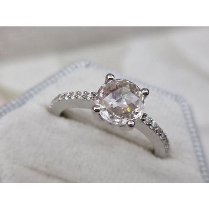 Rose Cut Faceted 8mm Moissanite Solitaire Ring Sz M½ Rhodium Overlay 925 Silver