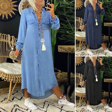Plus Size Womens Denim Shirt Dress Ladies Button Long Sleeve Jeans Maxi Dresses