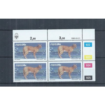 South West Africa stamps. 1981 (1986) 14c Caracal control block of 4 MNH (AK449)