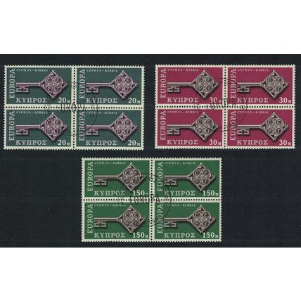 Cyprus Key with CEPT in handle Europa 3v Blocks of 4 1968 CTO SG#319-321