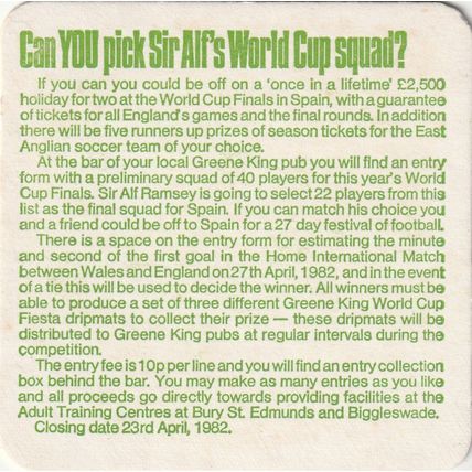 BEER MAT - GREENE KING BREWERY - WORLD CUP FIESTA - (Cat No 085) - (1982)