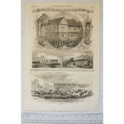 1860 engravings Tudor House & shops Shrewsbury, Battlefield, Haighmond Cliff