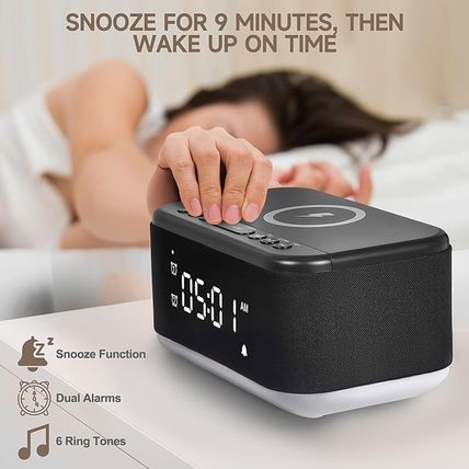 Alarm Clock Speaker Wireless Charger, Digital Alarm Clocks Bedrooms Bluetooth, A