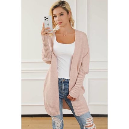 Smoke Gray Ribbed Trim Puff Sleeve Open Cardigan