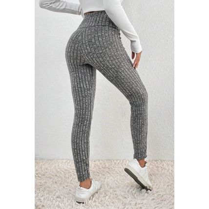 Gray Wide Waistband Ribbed Textured Knit Leggings