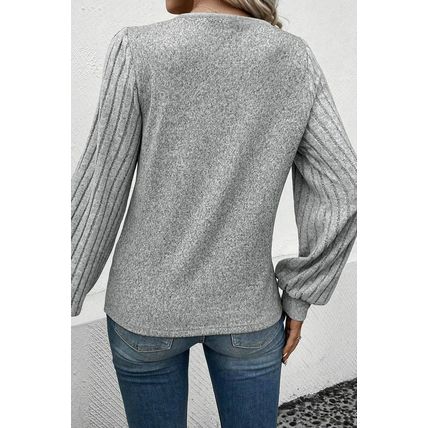 Light Grey Buttoned V Neck Ribbed Puff Sleeve Top