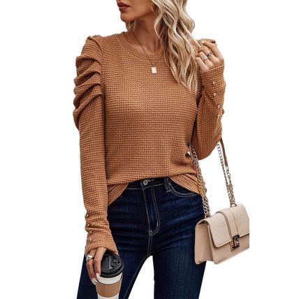Chestnut Solid Color Textured Buttoned Gigot Sleeve Top