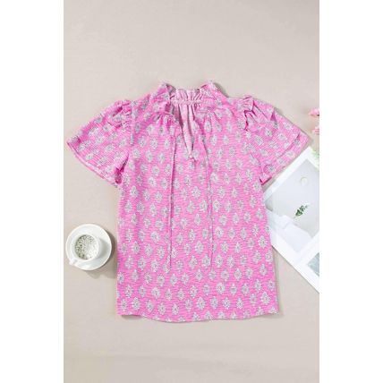 Pink Vintage Floral Ruffled Split Neck Short Sleeve Blouse