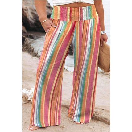 Orange Stripe Plus Size Boho Smocked Waist Loose Pants