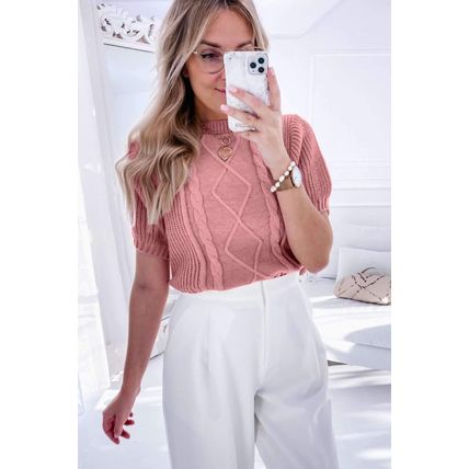 Pink Cable Knit Mixed Textured Short Sleeve Sweater