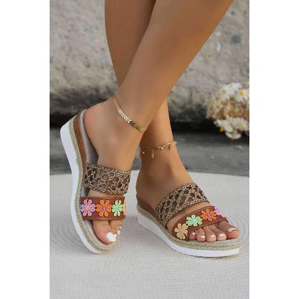 White Floral Print Braided Details Wedge Slippers