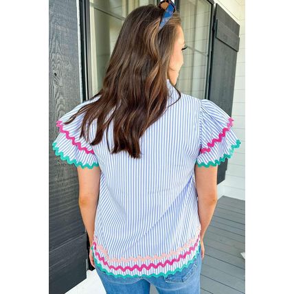 Sky Blue Stripe Ricrac Trim Split Neck Striped Ruffled Sleeve Blouse
