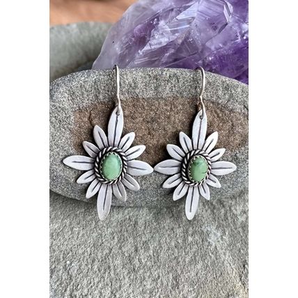 Silvery Western Turquoise Flower Shape Hook Earrings