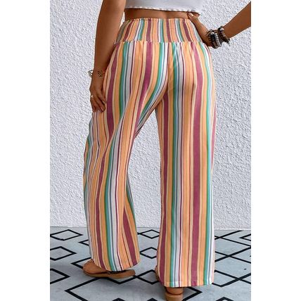 Orange Stripe Plus Size Boho Smocked Waist Loose Pants