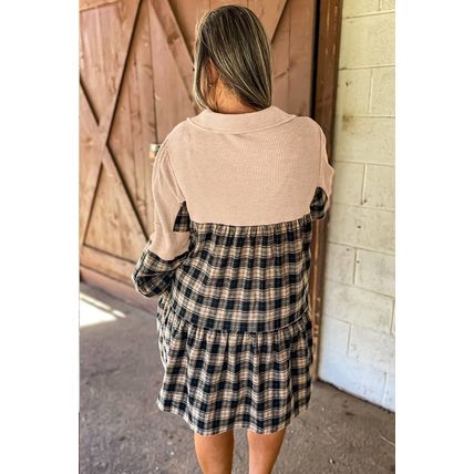 Black Plaid Waffle Knit Patchwork Collared V Neck Plus Size Mini Dress