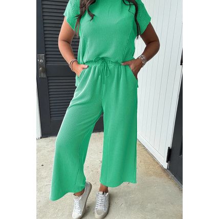 Bright Green Solid Corded Knit Short Sleeve T Shirt and Wide Leg Pants Set