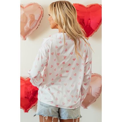 White Love Heart Print Drop Shoulder Puff Sleeve Shirt