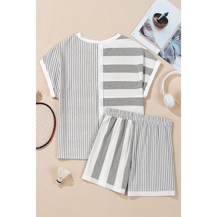 Gray Stripe Mixed Print Short Sleeve Top and Pocketed Shorts Set