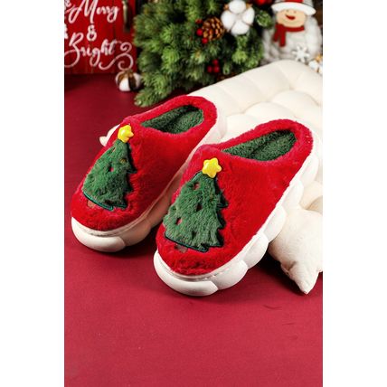 Fiery Red Christmas Tree Graphic Thick Sole Plush Slippers