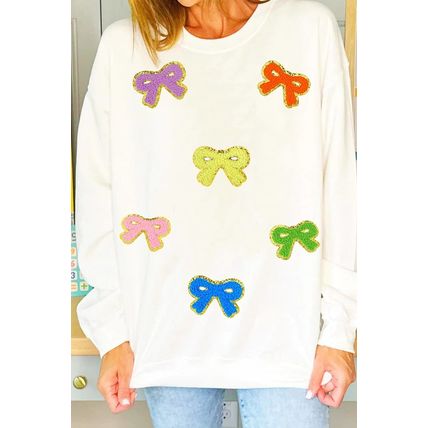 White Chenille Bowknot Patched Graphic Crewneck Sweatshirt
