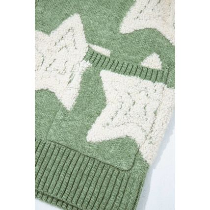 Green Sherpa Star Pattern Textured Sweater Cardigan with Pockets