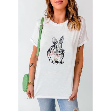 White Bunny Embroidered Bow Graphic Tee