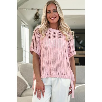 Pink Hollow-out Crochet Side Tied Short Sleeve Sweater