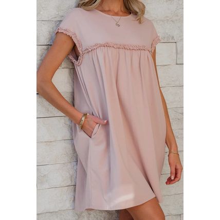 Oatmeal Frilled Trim Crew Neck Loose Fit Mini Dress
