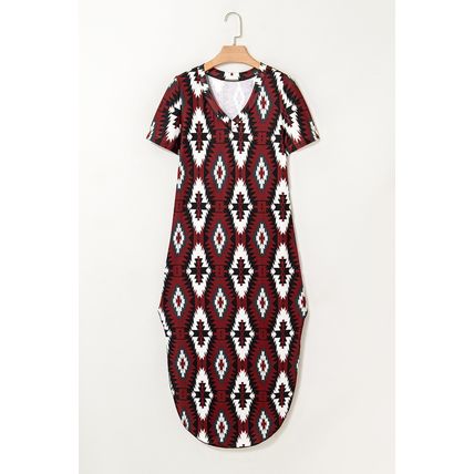 Red Western Aztec Printed Long T-shirt Dress