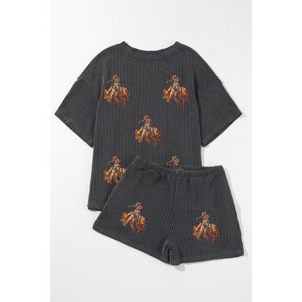 Carbon Grey Western Rodeo Graphic Patched 3D Ribbed Short 2pcs Outfit