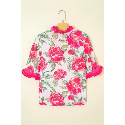 Rose Floral Frilled V Neck Short Sleeve Blouse Top