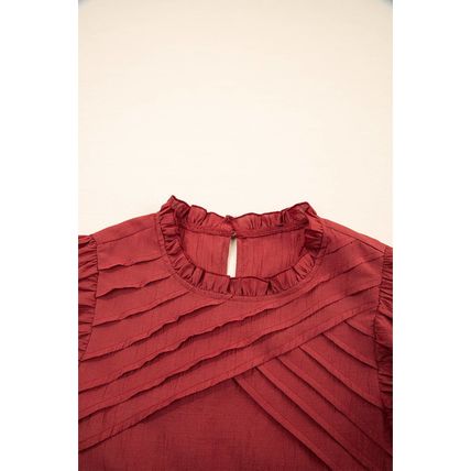 Red Dahlia Solid Color Pleated Detail Ruffle Short Sleeve Blouse