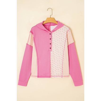 Pink Mixed Texture Waffle Floral Patchwork Hooded Oversize Pullover