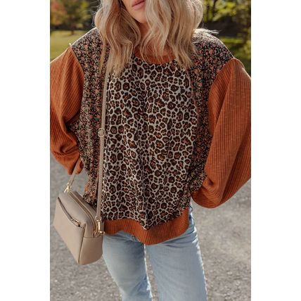 Brown Leopard Floral Print Ribbed Puff Sleeve Patchwork Loose Pullover