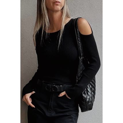 Black Ribbed Knit Cold Shoulder Sweater