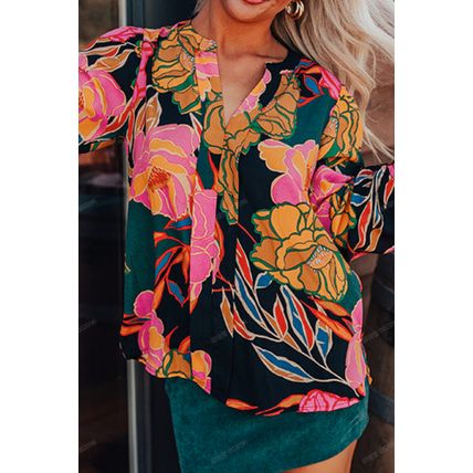 Black Floral Print Smocked Cuffs Puff Sleeve V Neck Blouse