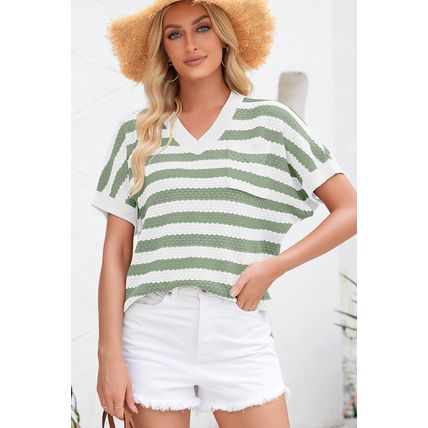 Green Stripe V Neck Short Sleeve Sweater with Side Slits